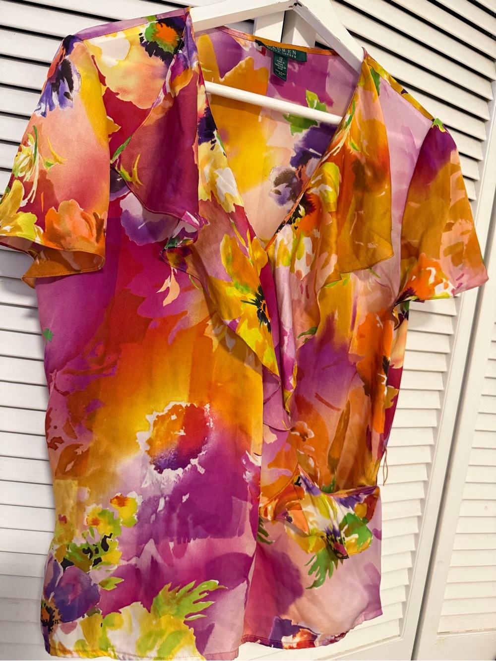 Lauren Ralph Lauren SilkBright Floral V-Neck Wrap Blouse - Pink, Orange & Yellow